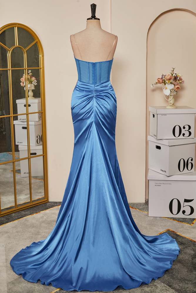 Blue Pleated Strapless Mermaid Satin Long Prom Dress with Slit
