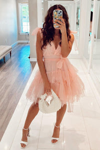 Pink V Neck Beaded Multi-Layers Bow Tie A-line Homecoming Dress