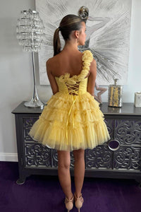 One Shoulder Yellow Knotted A-line Tiered Ruffle Short Dress