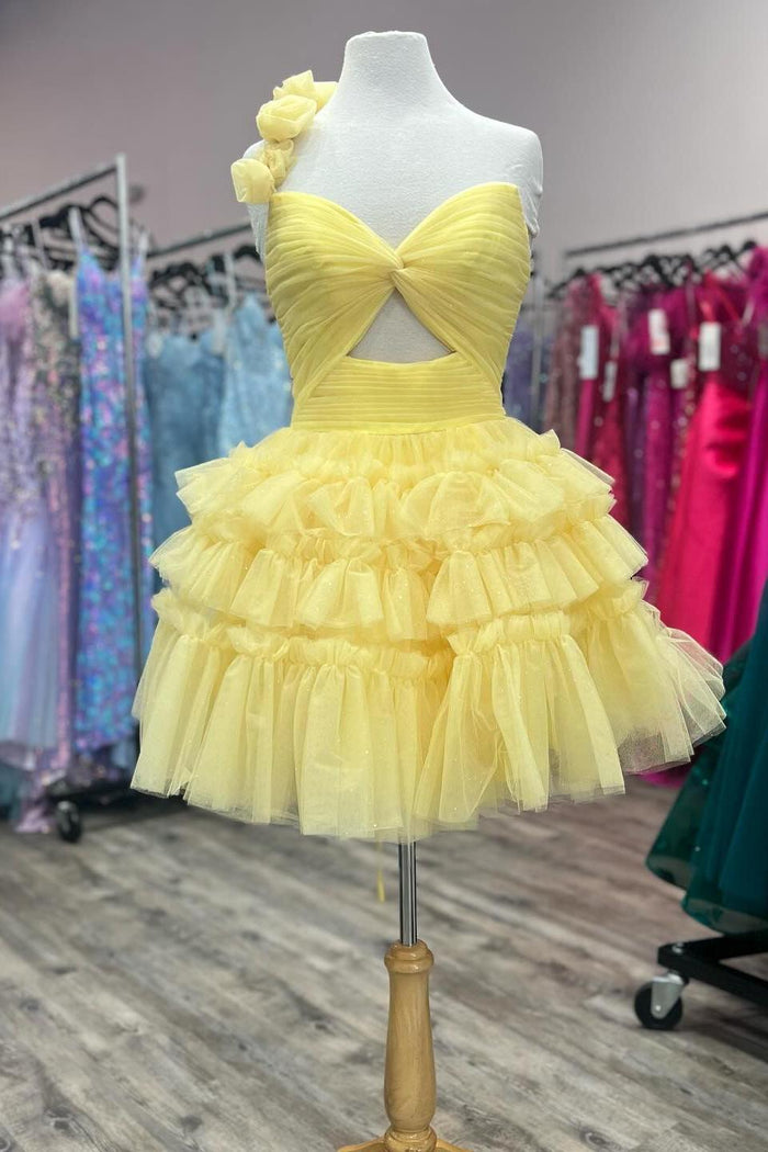 One Shoulder Yellow Knotted A-line Tiered Ruffle Short Dress