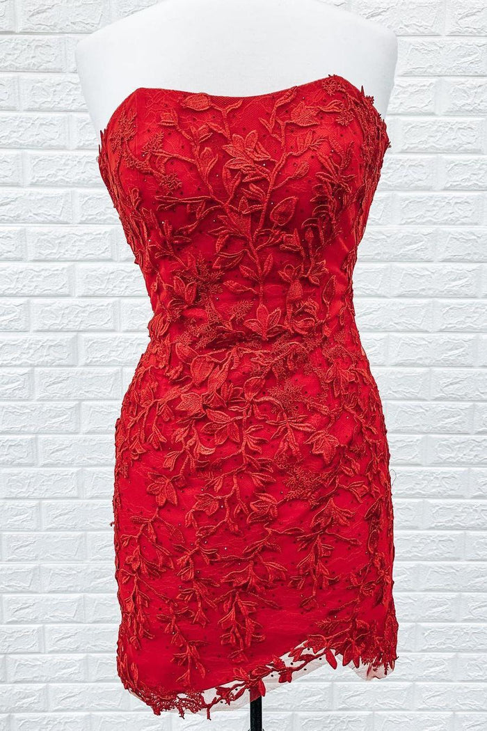 Strapless Red Lace Tight Mini Dress