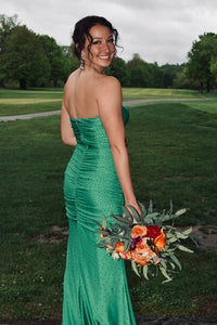 Strapless Green Beaded Ruched Long Prom Dress