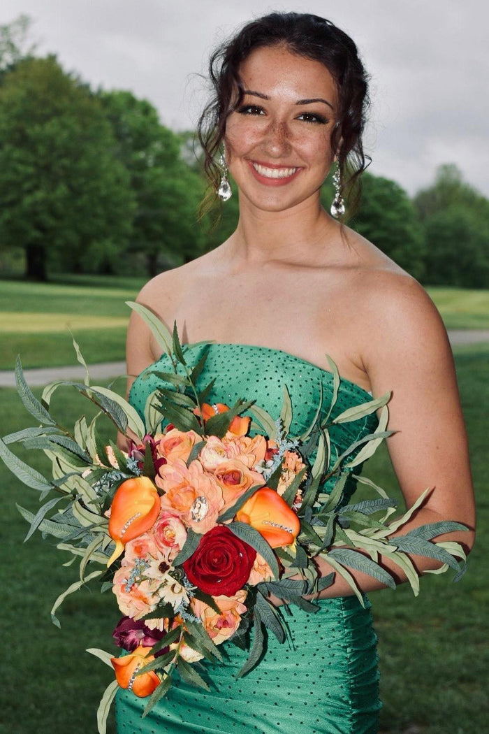 Strapless Green Beaded Ruched Long Prom Dress