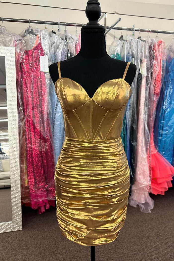 Straps Gold Metallic Ruched Tight Dress