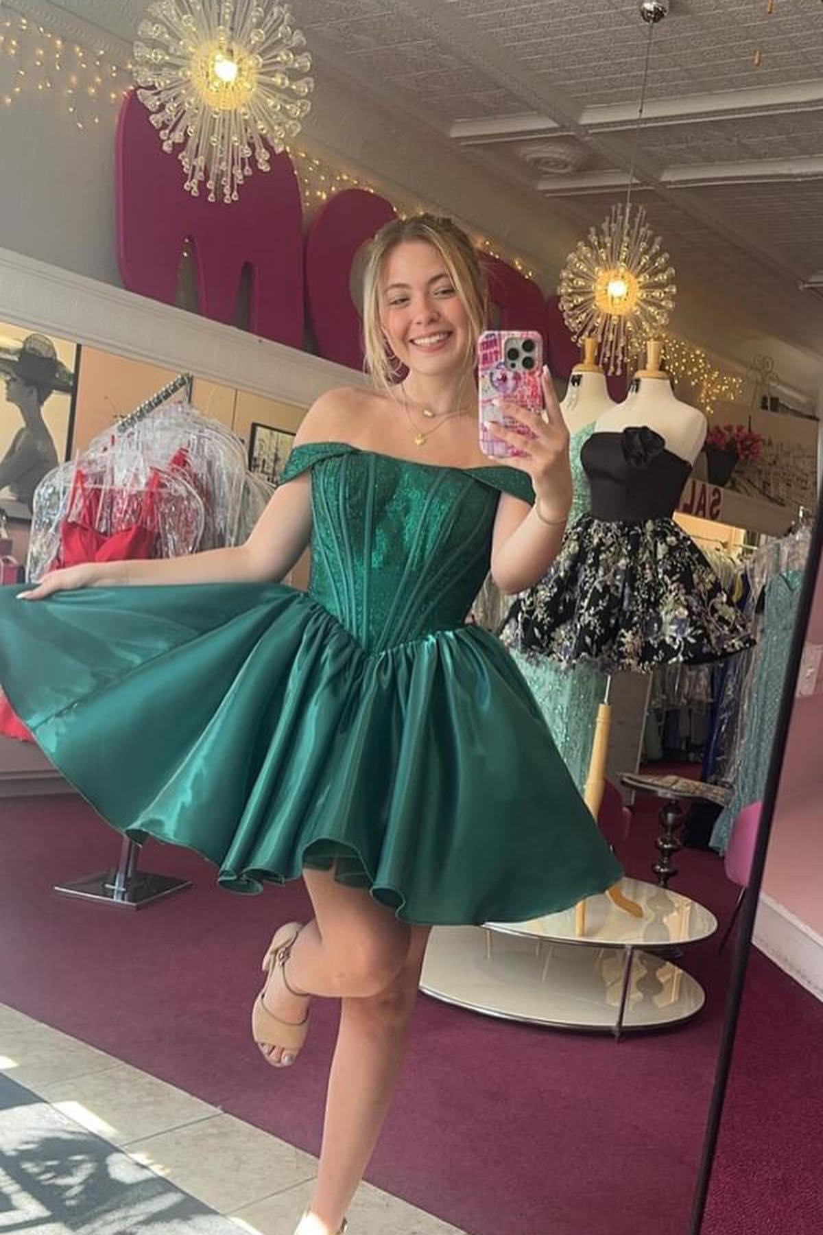 Off the Shoulder Green A-line Short Princess Dress