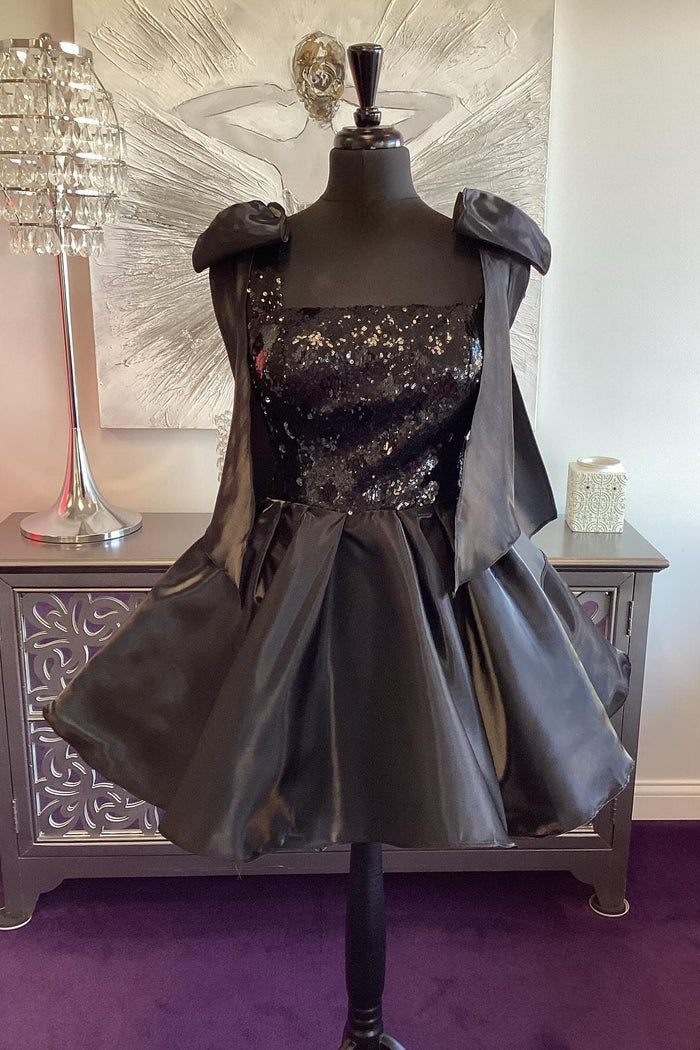 Bow Straps Black Sequin and Satin A-line Short Party Dress