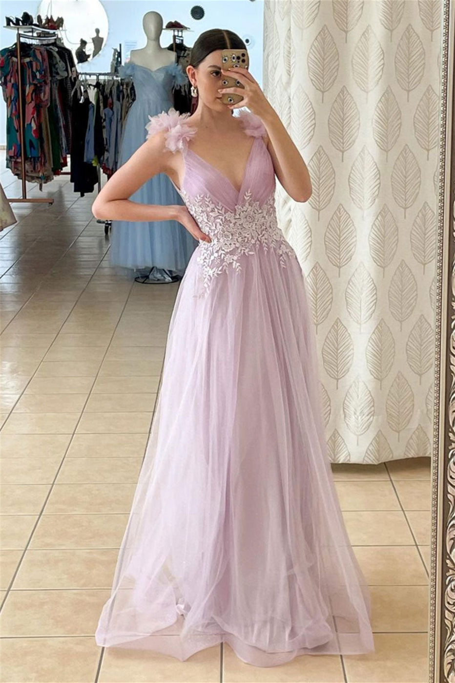 Pink Deep V Neck Flowers Pleated Appliques Long Prom Dress