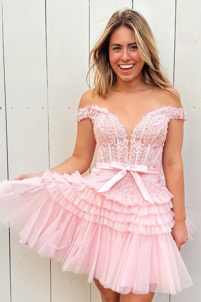 Pink Plunging Off-the-Shoulder Appliques Multi-Layers Homecoming Dress