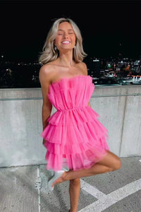 Pink Strapless Tulle Multi-Layers Homecoming Dress