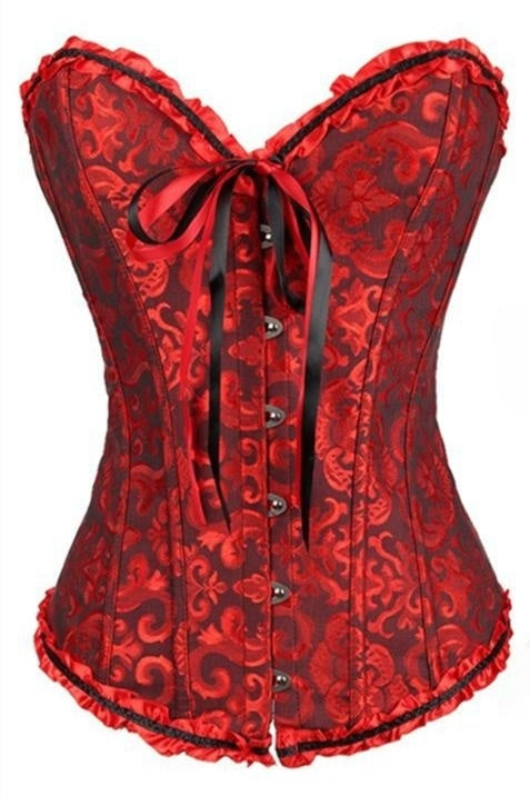 Red Floral Ruffled Strapless Lace-Up Bustier Corset Top
