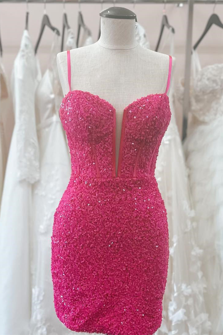 Hot Pink V Neck Straps Sequins Sheath Homecoming Dress
