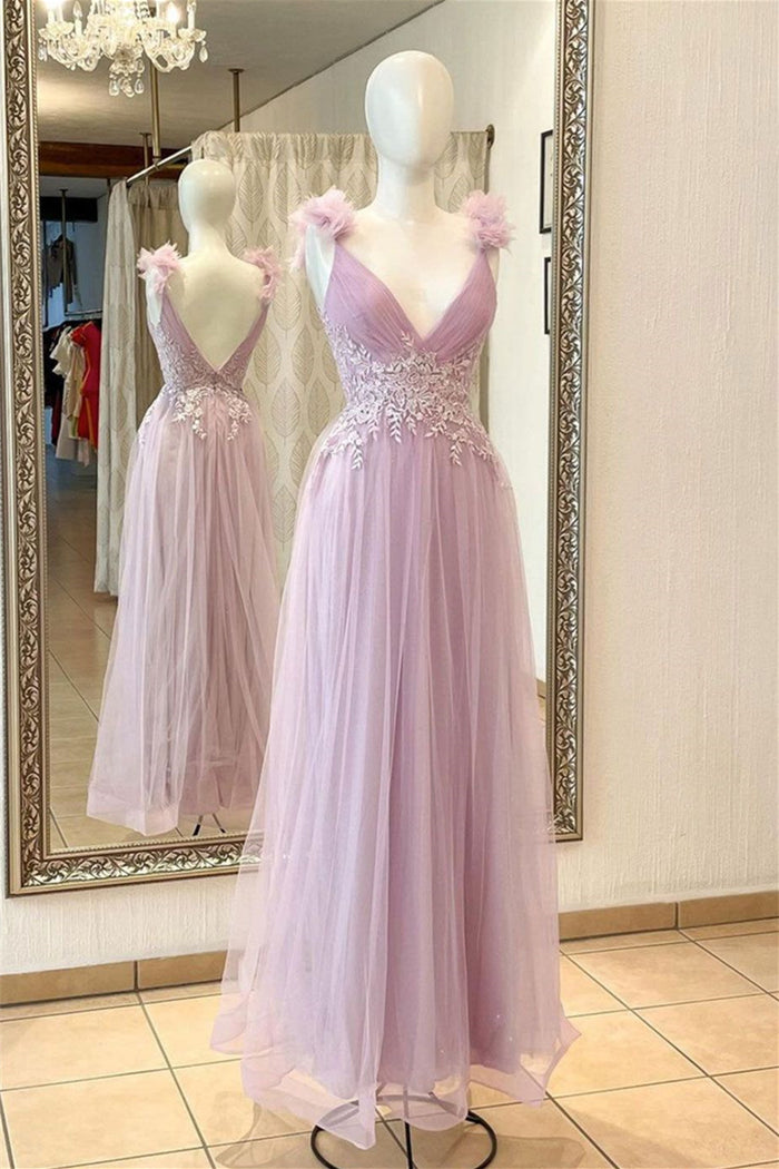 Pink Deep V Neck Flowers Pleated Appliques Long Prom Dress