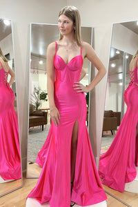 Hot Pink Mermaid Spaghetti Straps Satin Long Prom Dress with Slit
