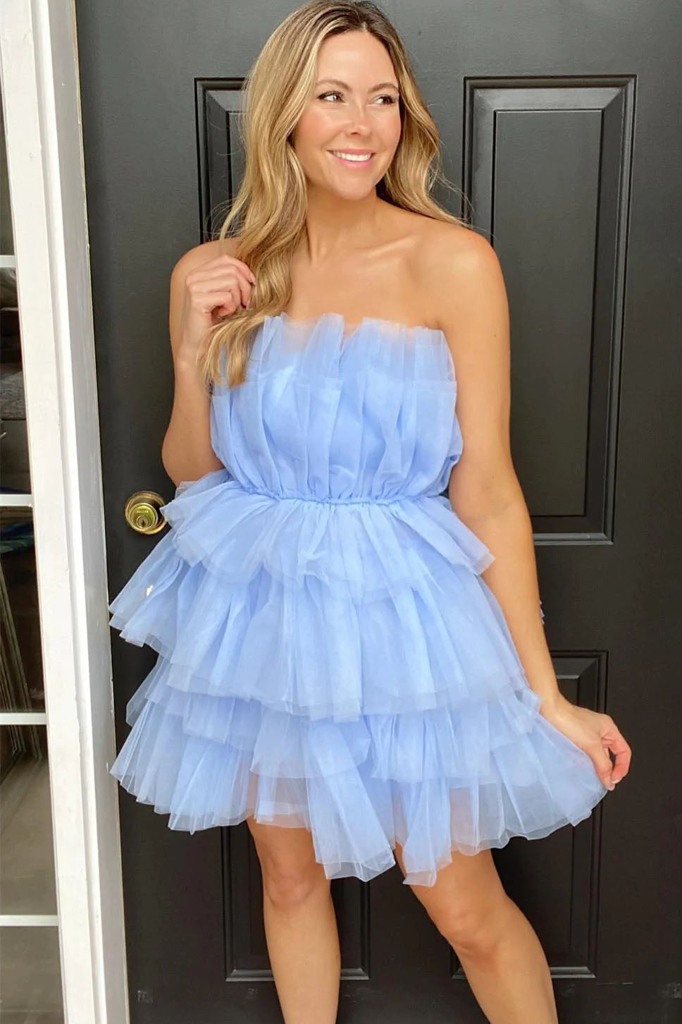 Blue Strapless Tulle Multi-Layers Homecoming Dress