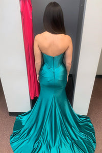 Hunter Green Strapless Mermaid Satin Long Prom Dress with Slit