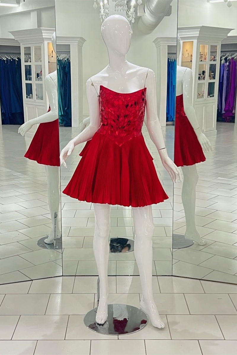 Red Strapless Mirror-Cut Sequins Top A-line Homecoming Dress