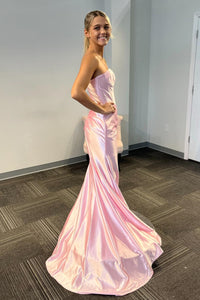 Pink Strapless Mermaid Satin Long Prom Dress with Slit