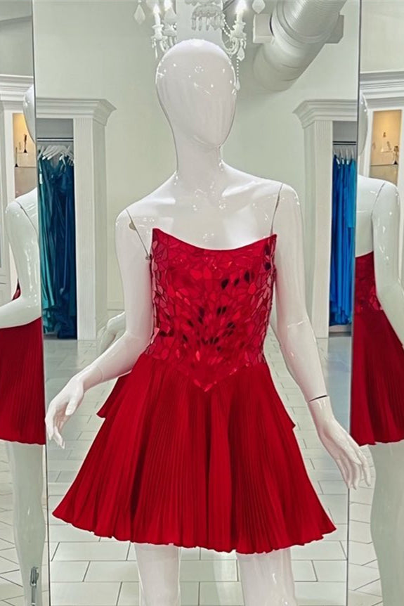 Red Strapless Mirror-Cut Sequins Top A-line Homecoming Dress