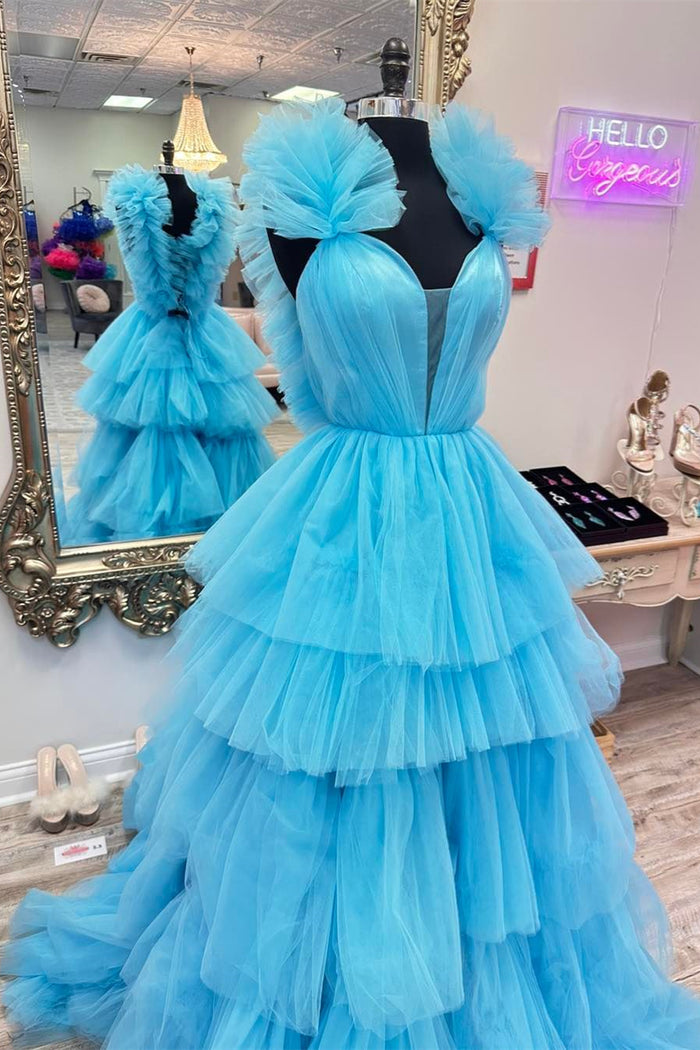Blue Tulle Ruffles Multi-Layers Plunging V Neck Long Prom Dress