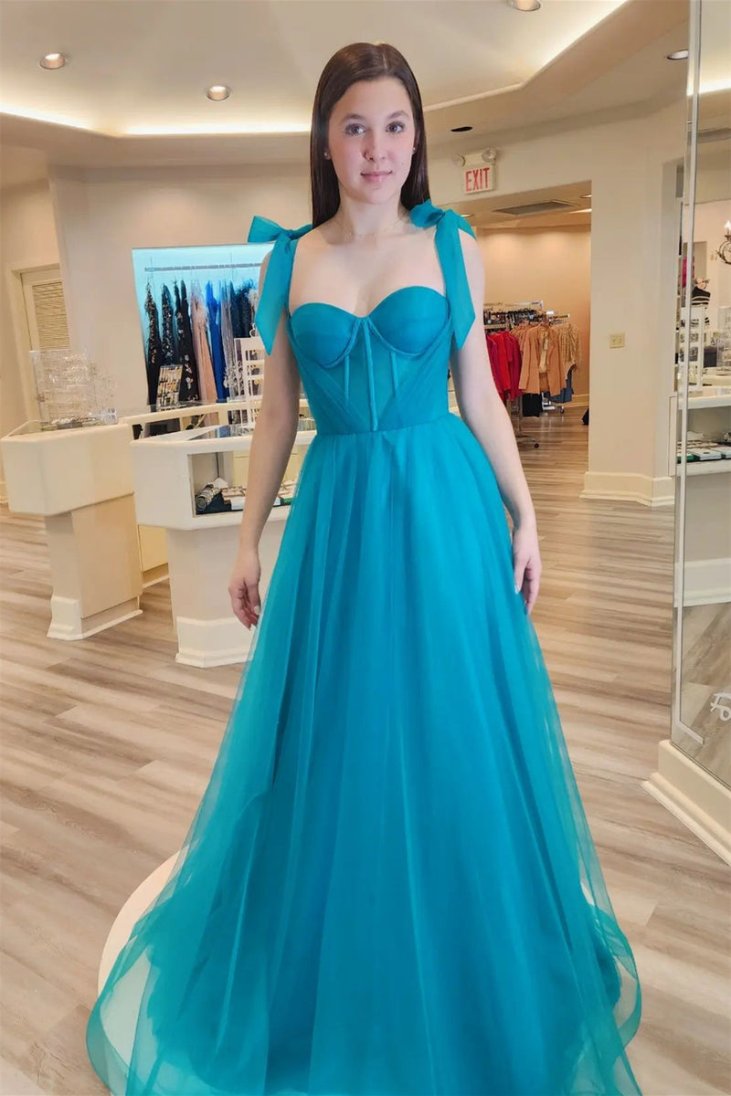 Jade Sweetheart Bow Tie Shoulder Tulle Long Prom Dress