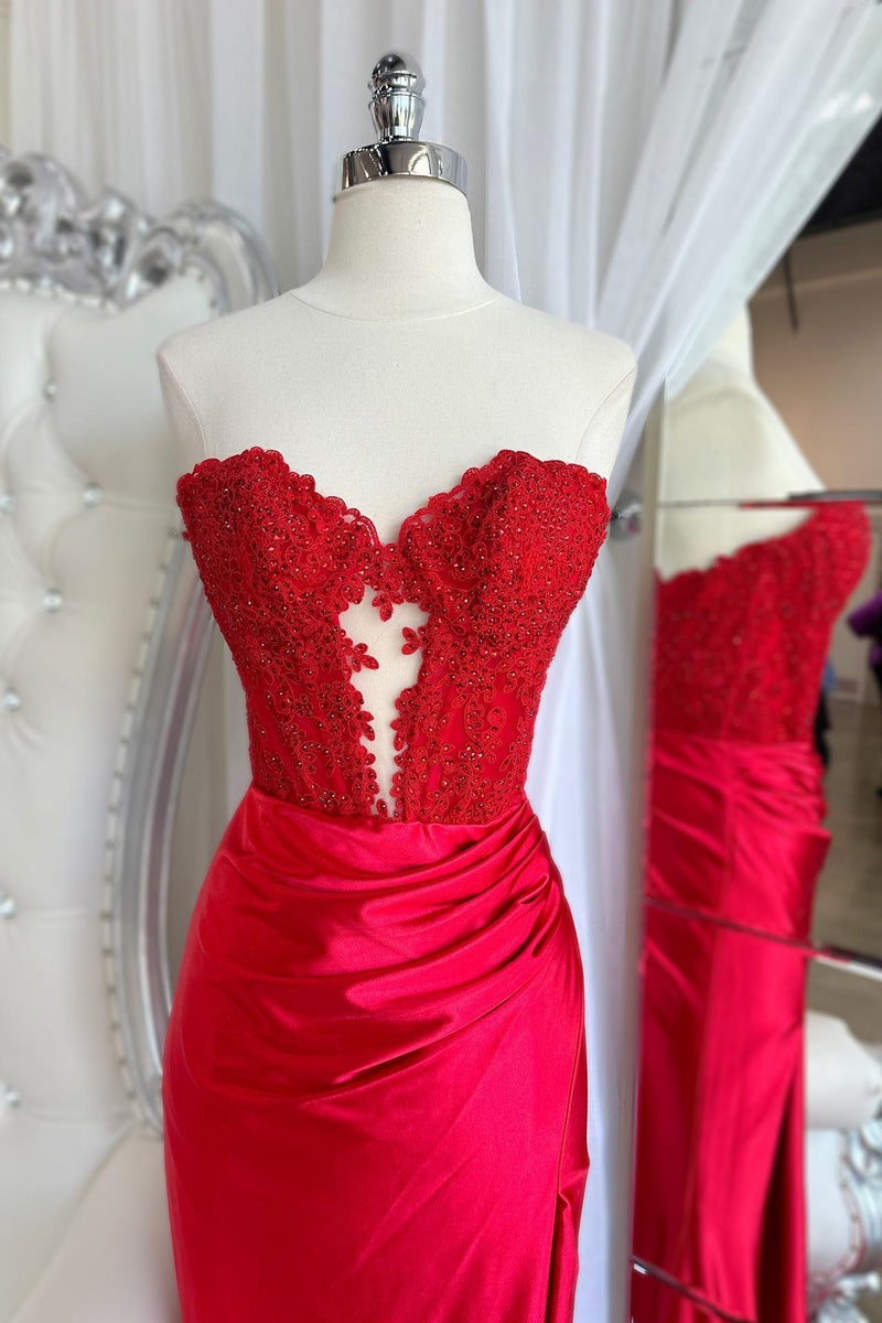 Sweetheart Red Sequin Ruched Satin Long Formal Dress