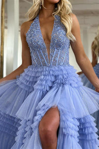 Blue Plunging V Halter Layers A-line Long Prom Dress