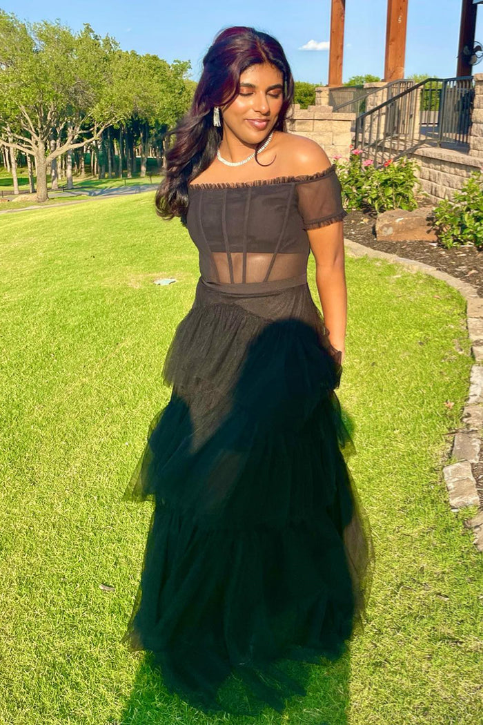 Black Off-the-Shoulder Ruffle Multi-Layers Long Prom Dress