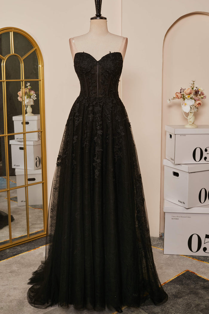 Black Strapless A-line Appliques Tulle Long Prom Dress