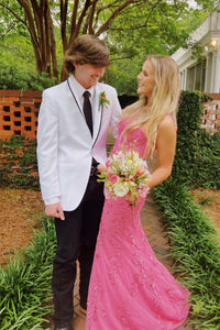 Pink Flower Straps Halter Appliques Mermaid Long Prom Dress