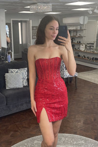 Red Strapless Sequins Sheath Homecoming Dress with Slit