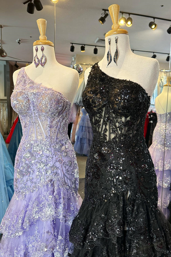 Lavender & Black One Shoulder Sequined Appliques Multi-Layers Long Prom Dress with Slit
