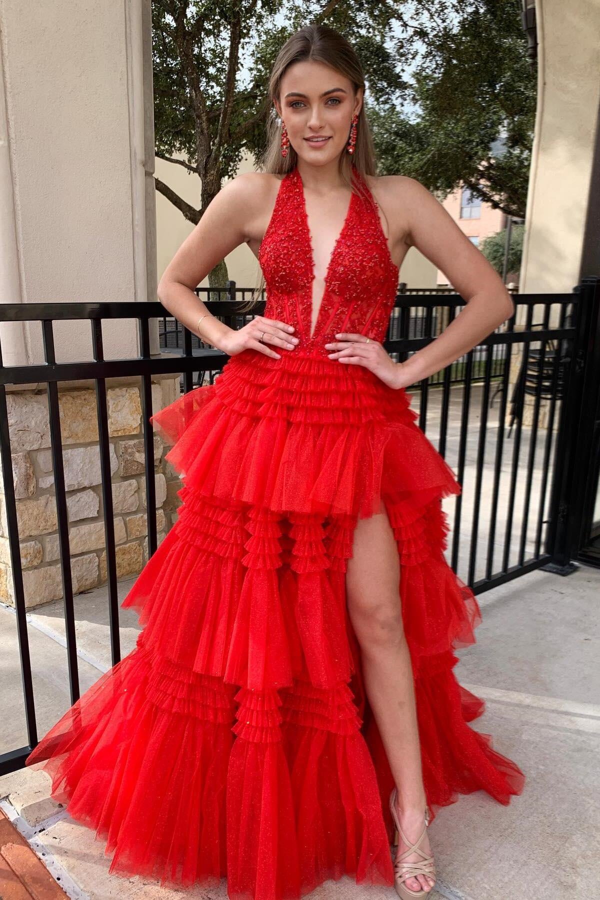 Red Plunging V Halter Layers A-line Long Prom Dress
