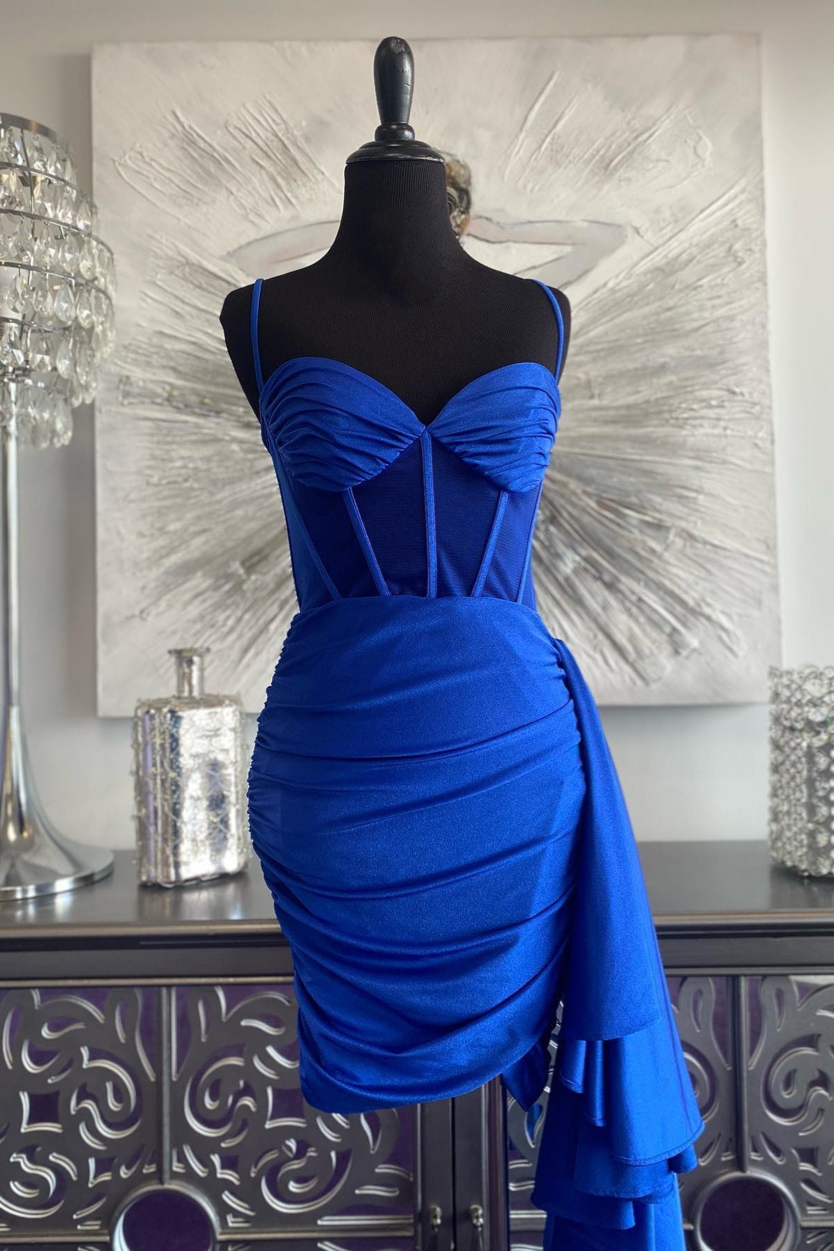 Royal Blue Satin Sheath Cascading Ruffle Homecoming Dress