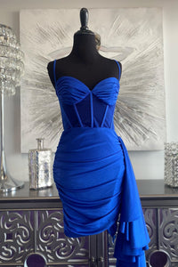 Royal Blue Satin Sheath Cascading Ruffle Homecoming Dress
