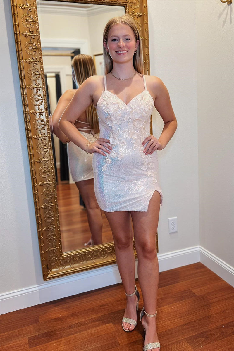White Sweetheart Lace-Up Sheath Appliques Homecoming Dress