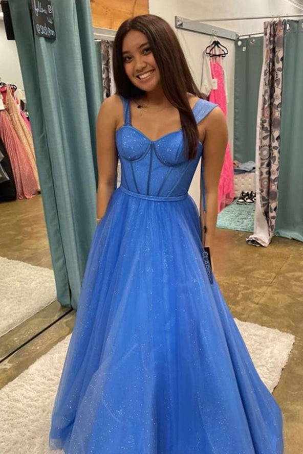 Sparkly Blue Jay Straps Tulle Long Prom Dress