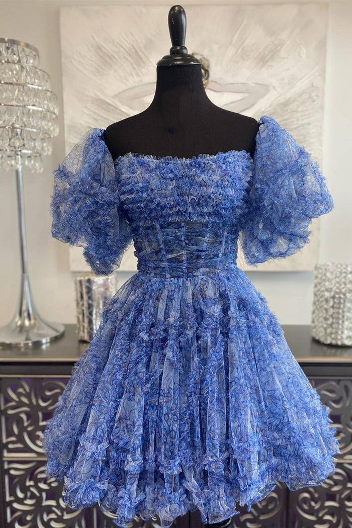Blue Puff Sleeves Ruffles A-line Prints Homecoming Dress