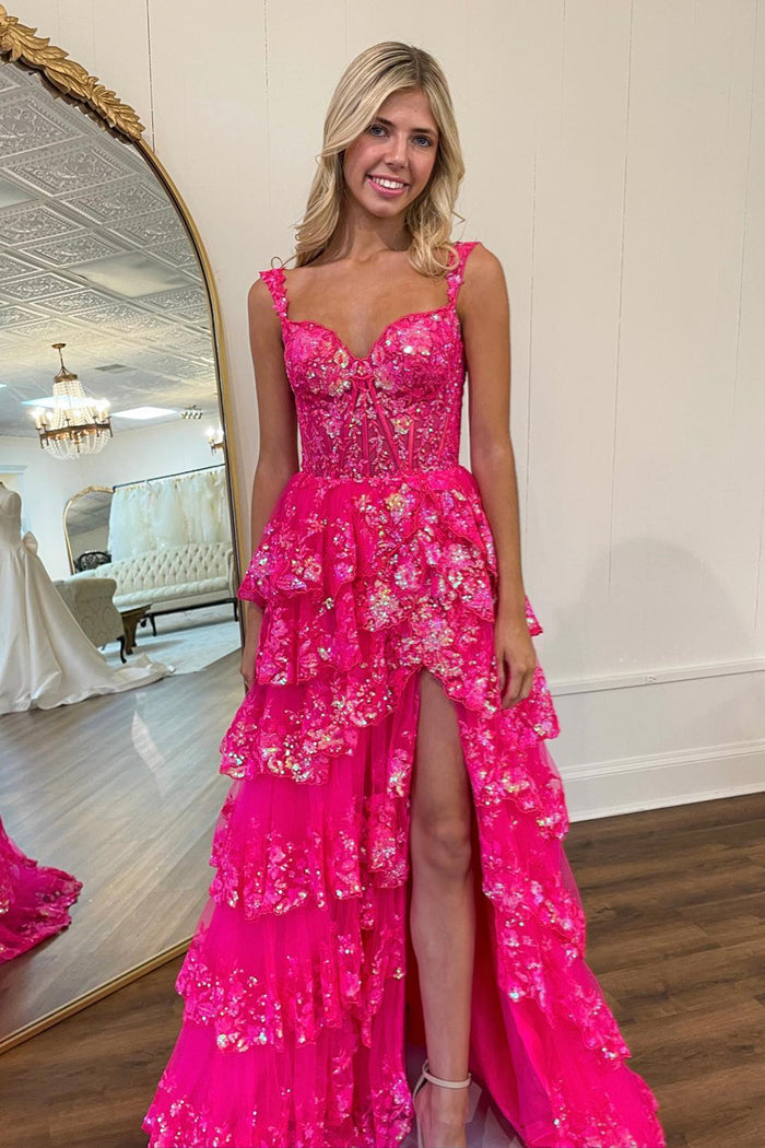 Hot Pink Floral Straps Layers Sequined Long Prom Dress with Slit