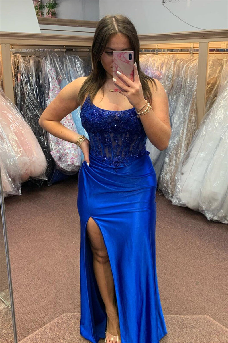 Royal Blue Lace-Up Floral Mermaid Satin Long Prom Dress with Slit