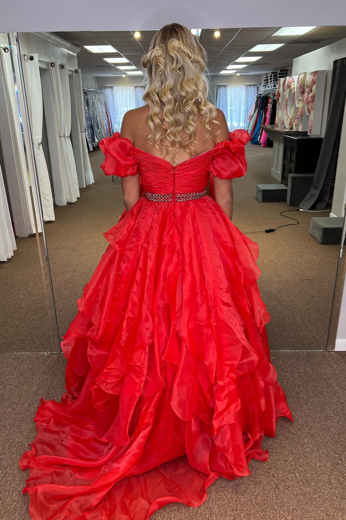 Red Off-the-Shoulder Layers Beaded Tulle Long Prom Dress