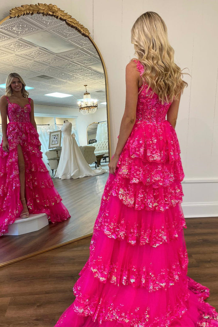 Hot Pink Floral Straps Layers Sequined Long Prom Dress with Slit