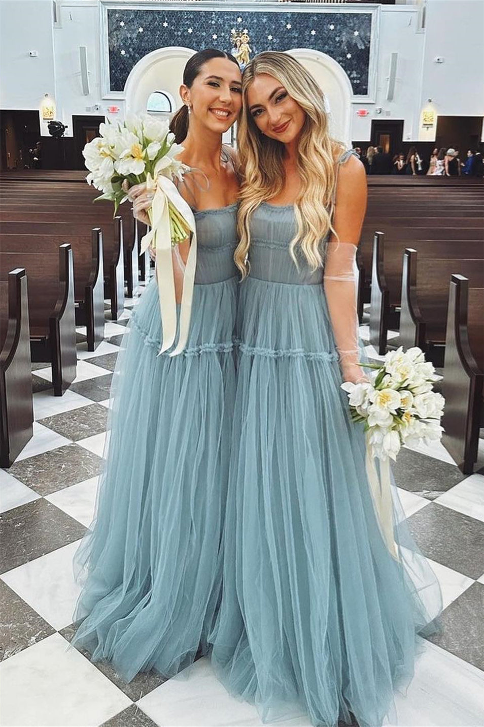 Dusty Blue Tulle Bow Tie Shoulder Ruffle Long Prom Dress