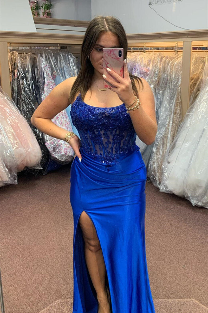 Royal Blue Lace-Up Floral Mermaid Satin Long Prom Dress with Slit