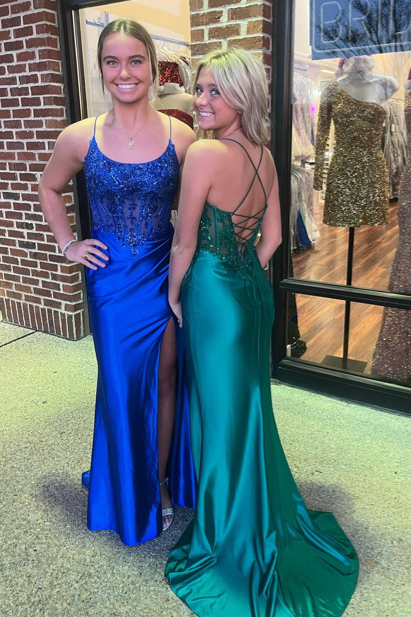 Royal Blue & Hunter Green Lace-Up Floral Mermaid Satin Long Prom Dress with Slit