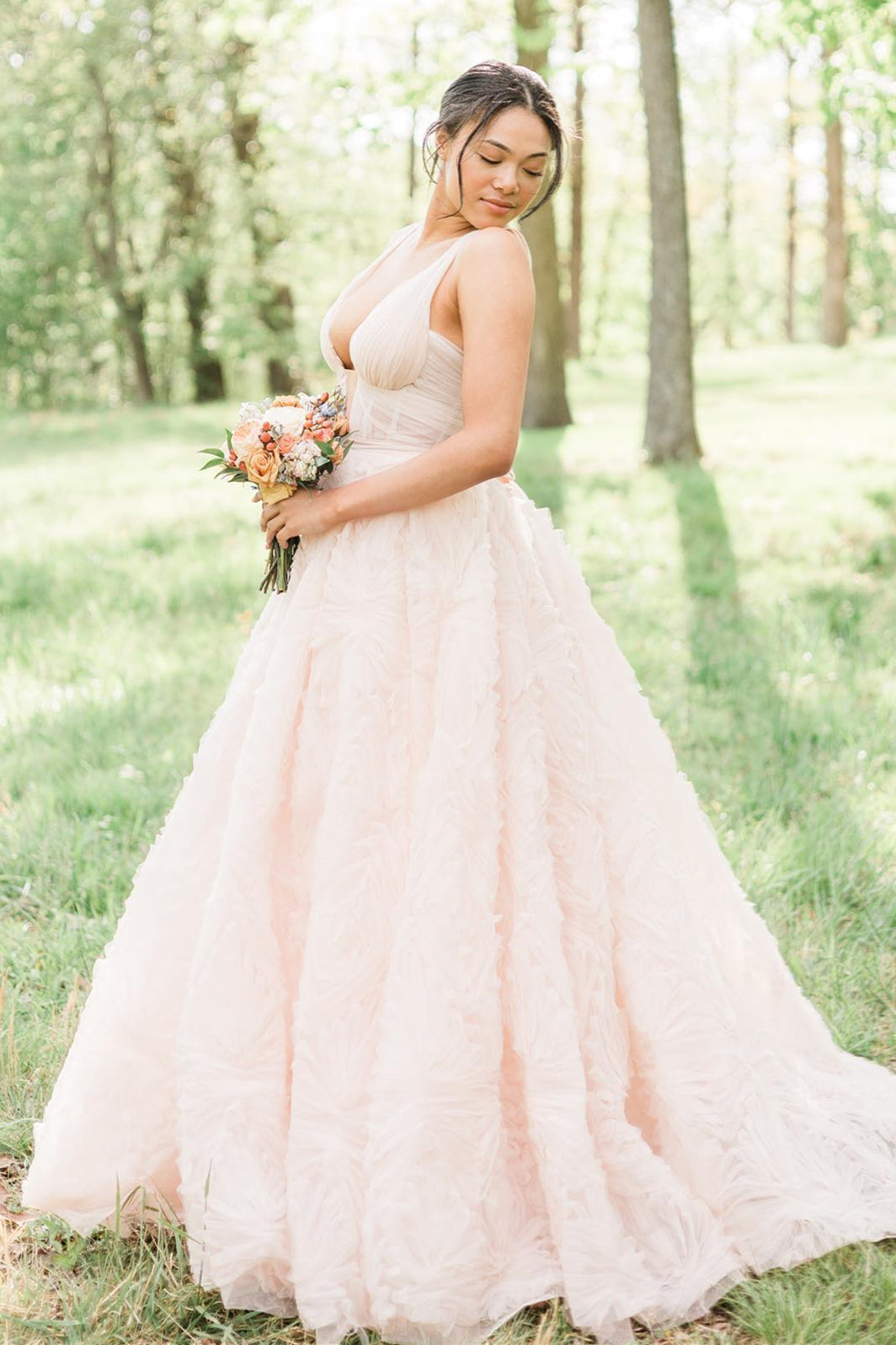 Blush Pink Plunging V Neck Lace-Up Ruffles Long Prom Dress