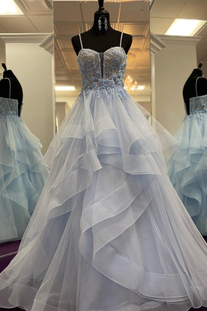 Light Blue Straps Layers Floral A-line Long Prom Dress