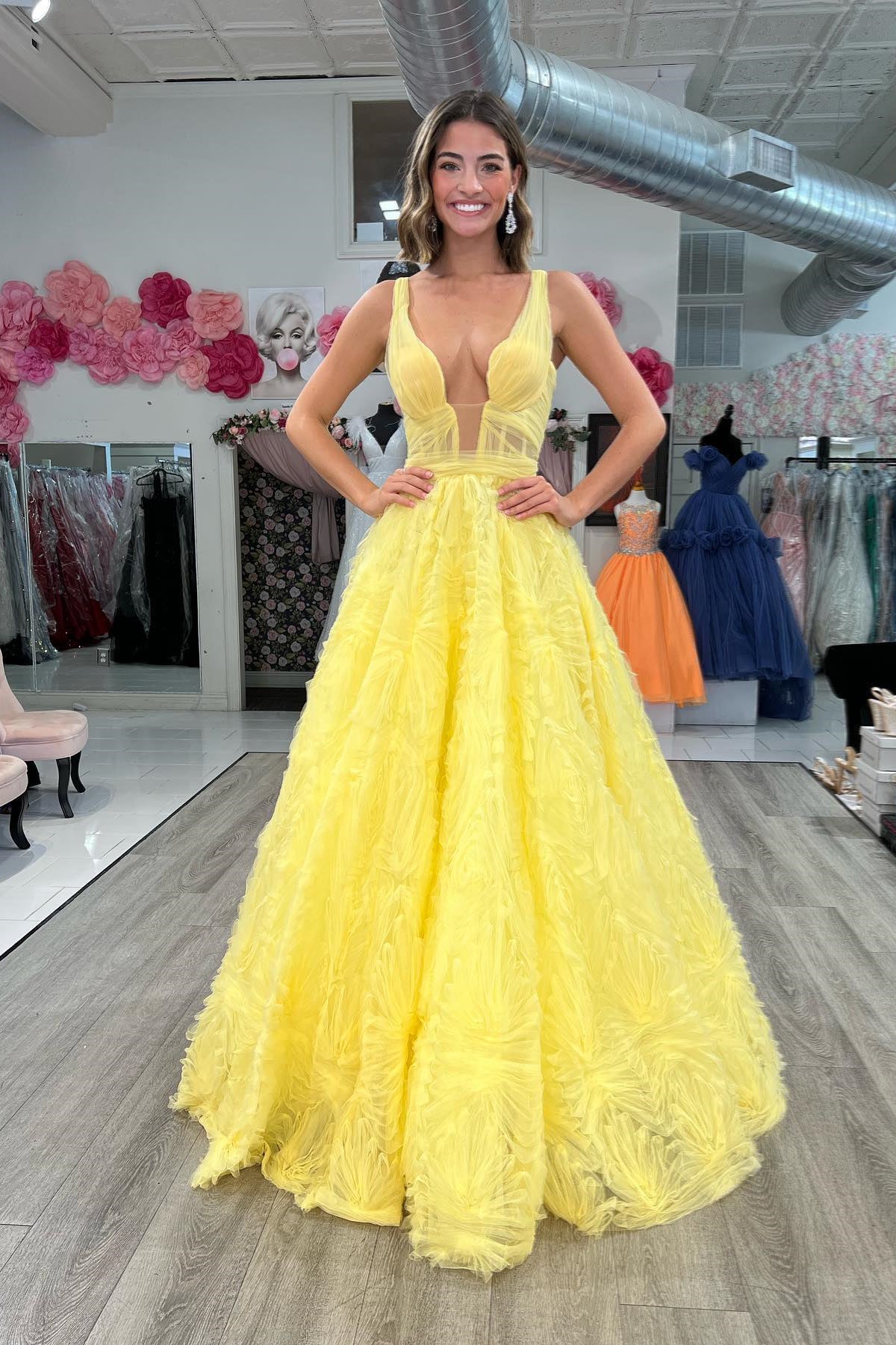 Yellow Plunging V Neck Lace-Up Ruffles Long Prom Dress
