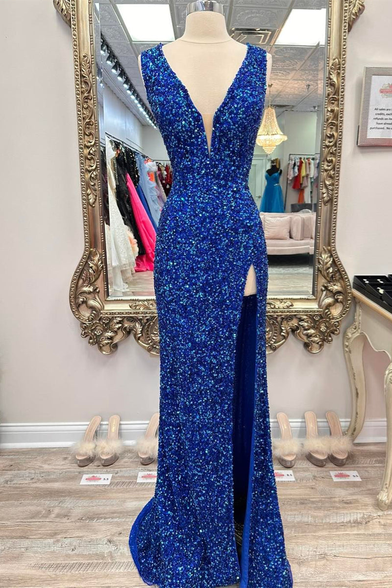 Royal Blue Deep V Neck Sequins Lace-Up Long Prom Dress with Slit
