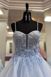Light Blue Straps Layers Floral A-line Long Prom Dress