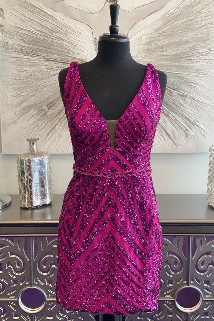 Fuchsia Plunging V Neck Sequins-Embroidery Sheath Homecoming Dress
